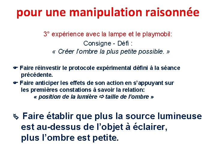 pour une manipulation raisonnée 3° expérience avec la lampe et le playmobil: Consigne -