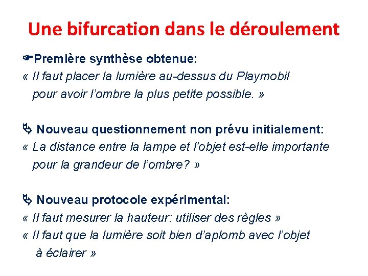 Une bifurcation dans le déroulement Première synthèse obtenue: « Il faut placer la lumière