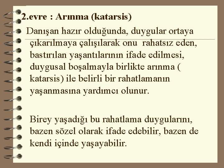 2. evre : Arınma (katarsis) Danışan hazır olduğunda, duygular ortaya çıkarılmaya çalışılarak onu rahatsız