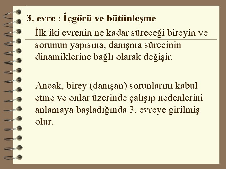 3. evre : İçgörü ve bütünleşme İlk iki evrenin ne kadar süreceği bireyin ve