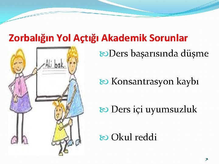 Zorbalığın Yol Açtığı Akademik Sorunlar Ders başarısında düşme Konsantrasyon kaybı Ders içi uyumsuzluk Okul