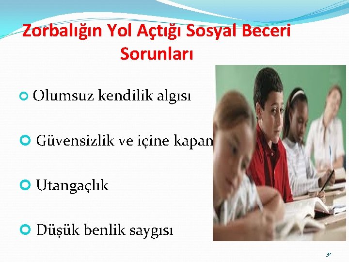 Zorbalığın Yol Açtığı Sosyal Beceri Sorunları Olumsuz kendilik algısı Güvensizlik ve içine kapanıklık Utangaçlık