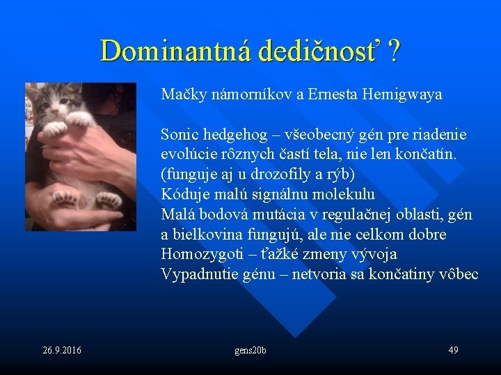 Dominantná dedičnosť ? Mačky námorníkov a Ernesta Hemigwaya Sonic hedgehog – všeobecný gén pre