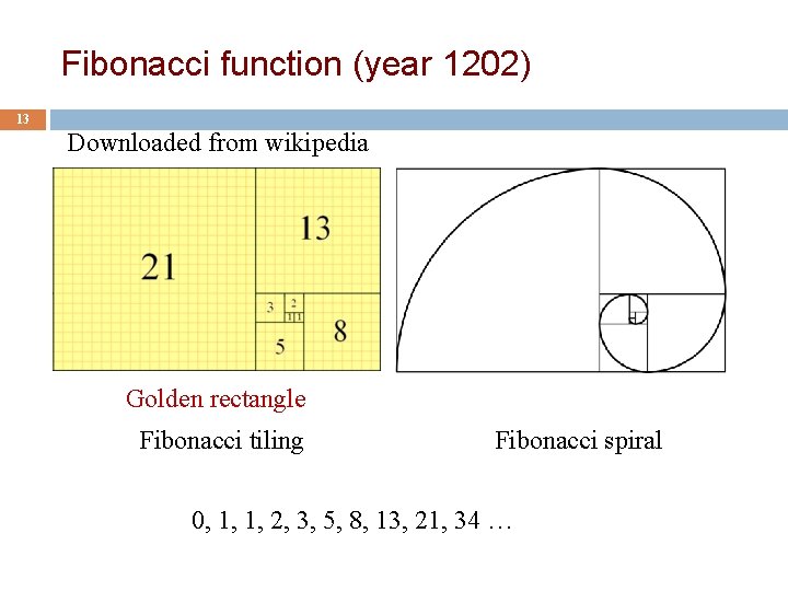 Fibonacci function (year 1202) 13 Downloaded from wikipedia Golden rectangle Fibonacci tiling Fibonacci spiral