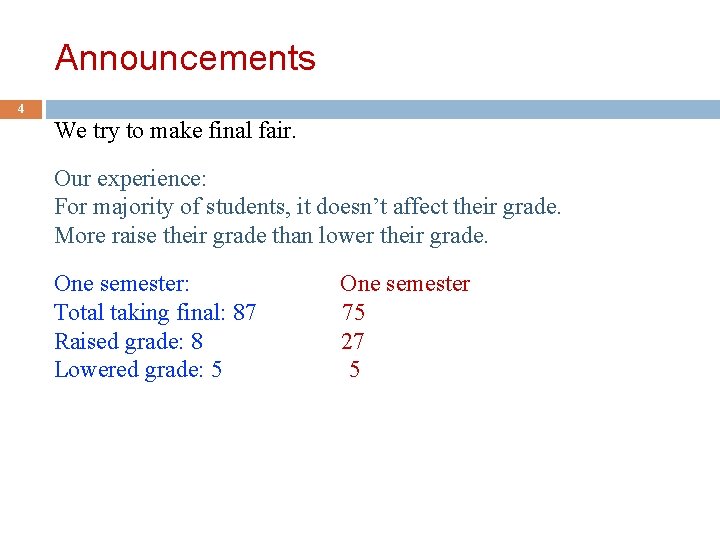 Announcements 4 We try to make final fair. Our experience: For majority of students,