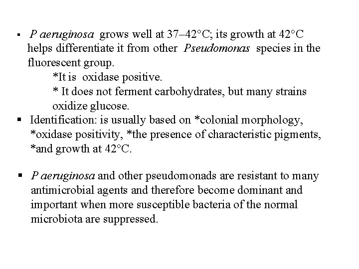 P aeruginosa grows well at 37– 42°C; its growth at 42°C helps differentiate it