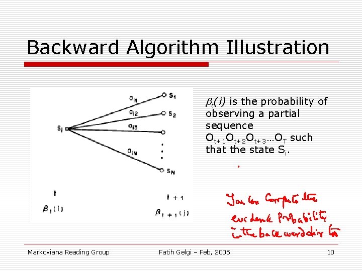 Backward Algorithm Illustration t(i) is the probability of observing a partial sequence Ot+1 Ot+2