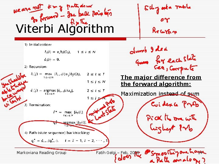 Viterbi Algorithm The major difference from the forward algorithm: Maximization instead of sum Markoviana