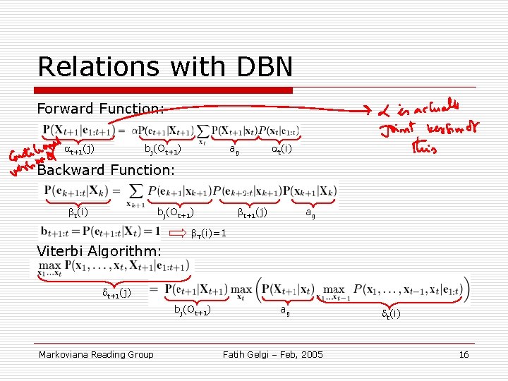 Relations with DBN Forward Function: t+1(j) bj(Ot+1) aij t(i) Backward Function: t(i) t+1(j) bj(Ot+1)