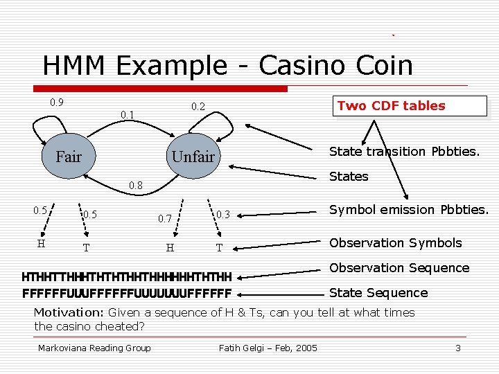 HMM Example - Casino Coin 0. 9 Fair Two CDF tables 0. 2 0.
