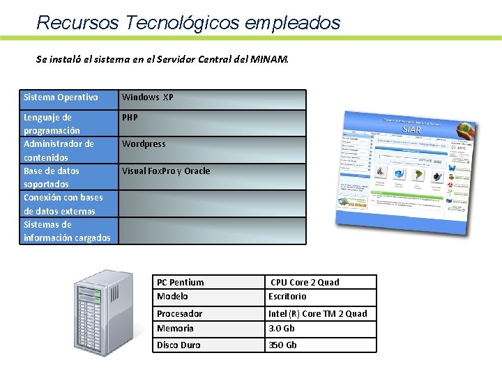 Recursos Tecnológicos empleados Se instaló el sistema en el Servidor Central del MINAM. Sistema