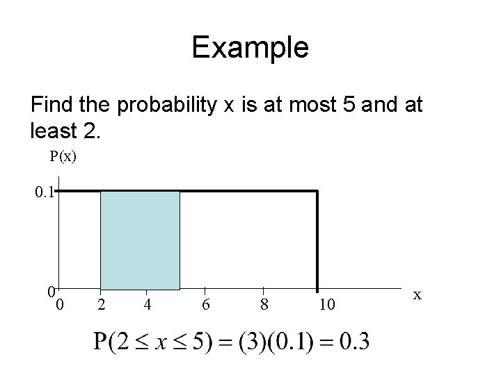 Example Find the probability x is at most 5 and at least 2. P(x) Example Find the probability x is at most 5 and at least 2. P(x)