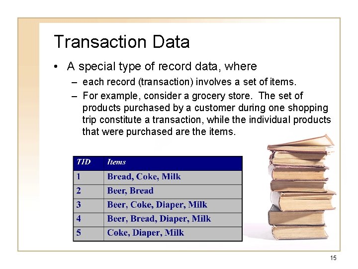 Transaction Data • A special type of record data, where – each record (transaction)