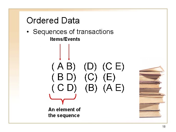 Ordered Data • Sequences of transactions Items/Events An element of the sequence 18 