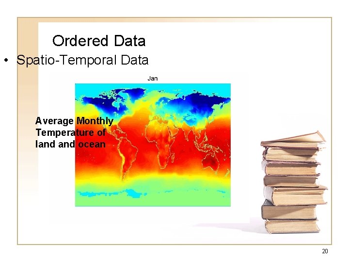 Ordered Data • Spatio-Temporal Data Average Monthly Temperature of land ocean 20 