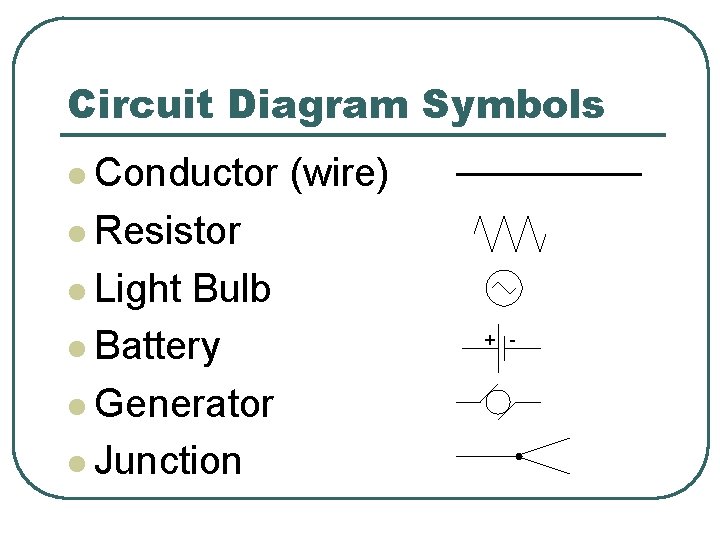 Circuit Diagram Symbols l Conductor (wire) l Resistor l Light Bulb l Battery l