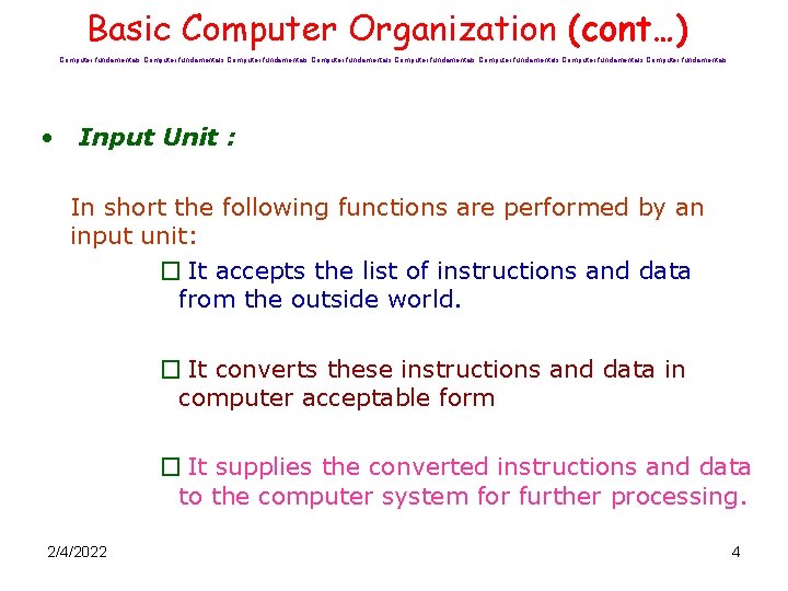Basic Computer Organization (cont…) Computer fundamentals Computer fundamentals • Input Unit : In short