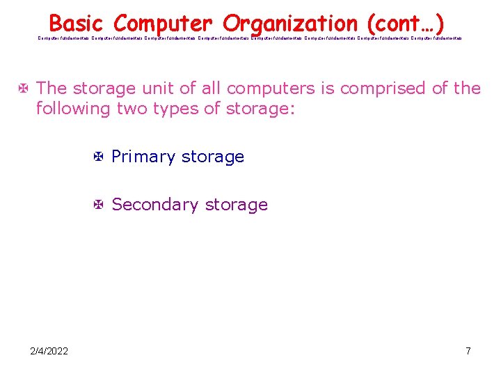 Basic Computer Organization (cont…) Computer fundamentals Computer fundamentals X The storage unit of all