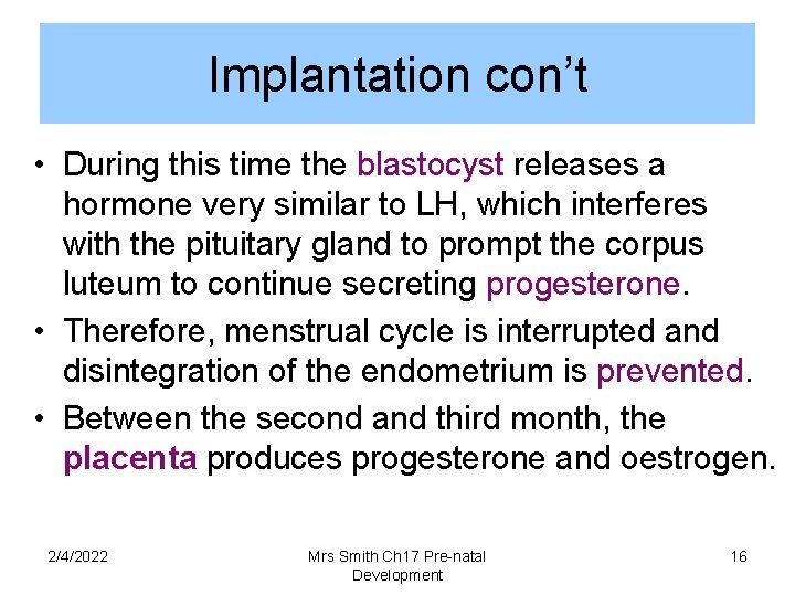 Implantation con’t • During this time the blastocyst releases a hormone very similar to
