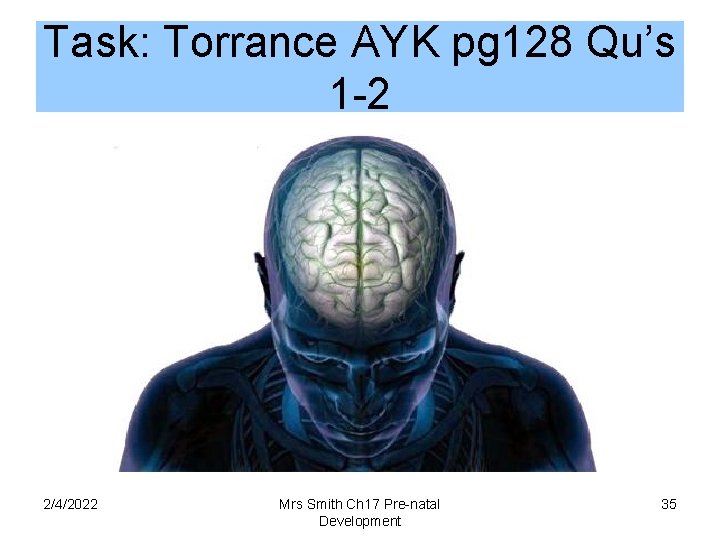 Task: Torrance AYK pg 128 Qu’s 1 -2 2/4/2022 Mrs Smith Ch 17 Pre-natal