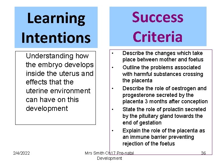 Success Criteria Learning Intentions Understanding how the embryo develops inside the uterus and effects