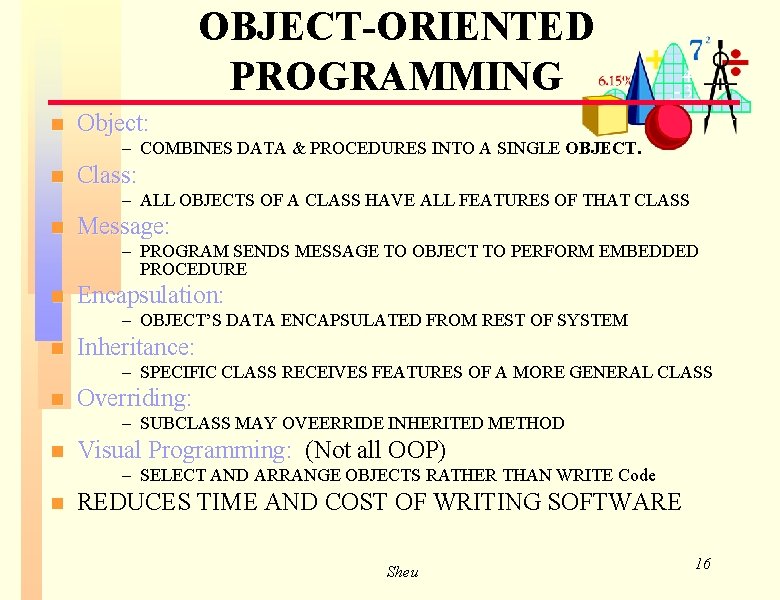 OBJECT-ORIENTED PROGRAMMING n Object: – COMBINES DATA & PROCEDURES INTO A SINGLE OBJECT. n OBJECT-ORIENTED PROGRAMMING n Object: – COMBINES DATA & PROCEDURES INTO A SINGLE OBJECT. n