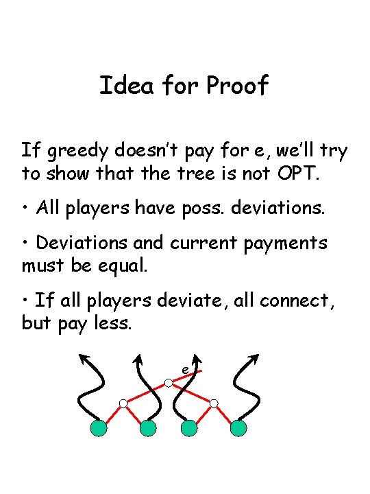 Idea for Proof If greedy doesn’t pay for e, we’ll try to show that