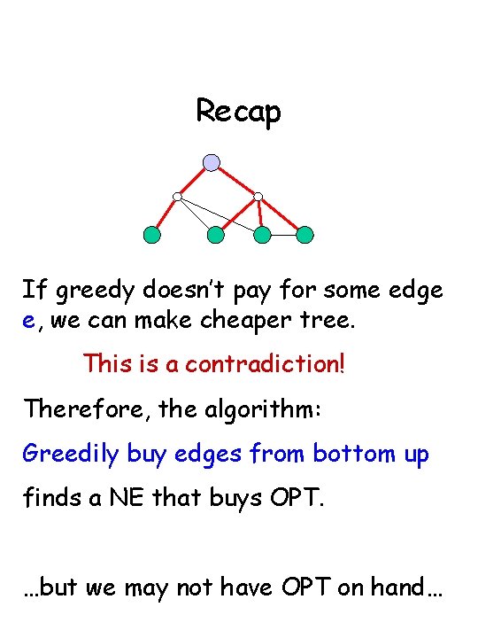 Recap If greedy doesn’t pay for some edge e, we can make cheaper tree.