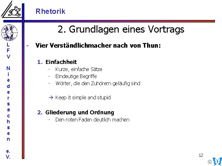 Rhetorik 2. Grundlagen eines Vortrags L F V N i e d e r