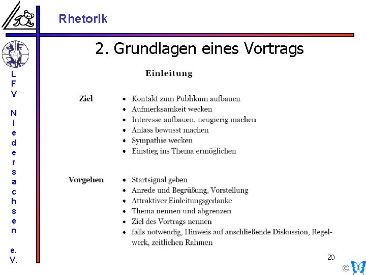 Rhetorik 2. Grundlagen eines Vortrags L F V N i e d e r