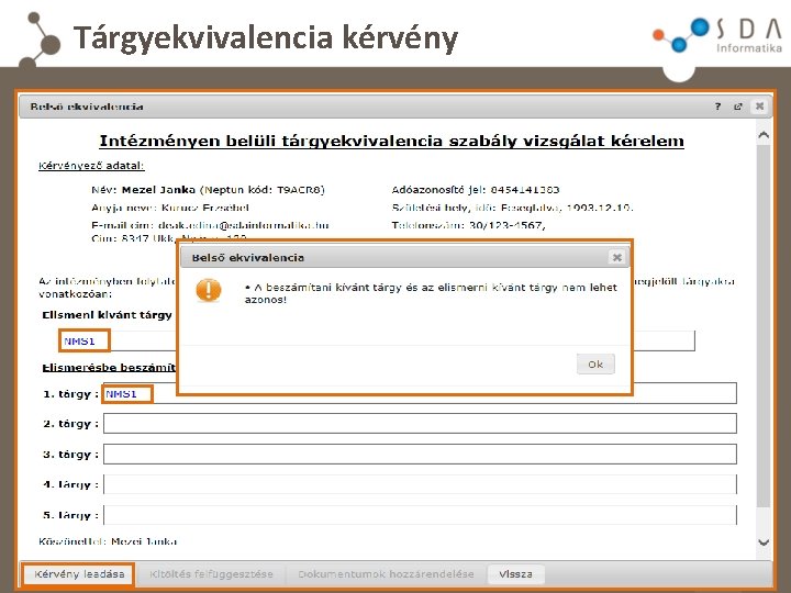 Tárgyekvivalencia kérvény 