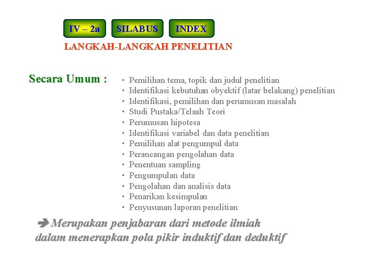 IV – 2 a SILABUS INDEX LANGKAH-LANGKAH PENELITIAN Secara Umum : • • •