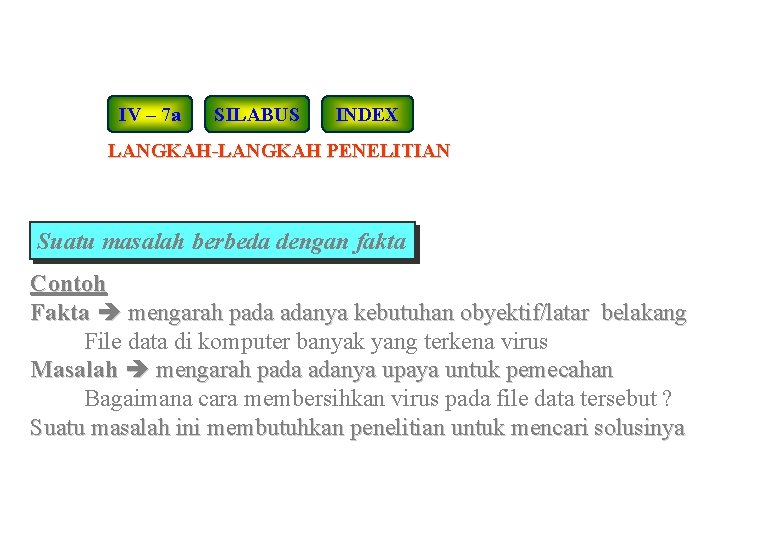 IV – 7 a SILABUS INDEX LANGKAH-LANGKAH PENELITIAN Suatu masalah berbeda dengan fakta Contoh