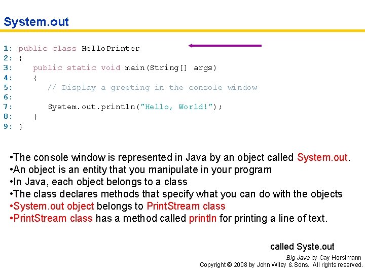 System. out 1: public class Hello. Printer 2: { 3: public static void main(String[]