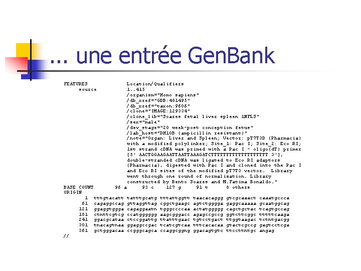 . . . une entrée Gen. Bank FEATURES source Location/Qualifiers 1. . 415 /organism="Homo