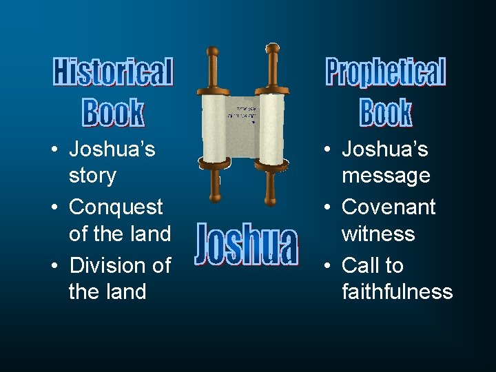  • Joshua’s story • Conquest of the land • Division of the land