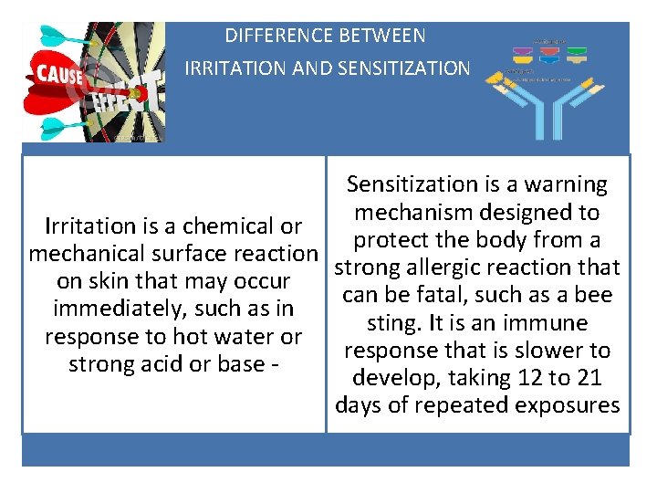 DIFFERENCE BETWEEN IRRITATION AND SENSITIZATION Sensitization is a warning mechanism designed to Irritation is