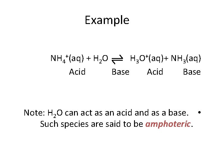 Example NH 4+(aq) + H 2 O H 3 O+(aq)+ NH 3(aq) Acid Base