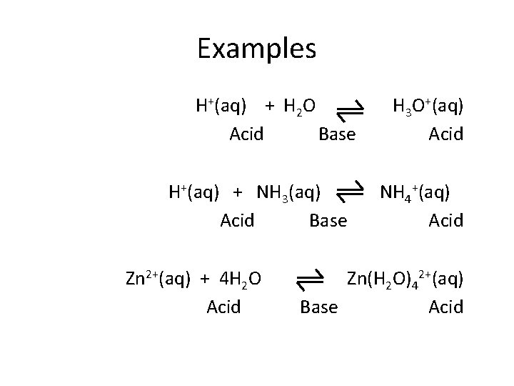 Examples H+(aq) + H 2 O Acid Base H+(aq) + NH 3(aq) Acid Base