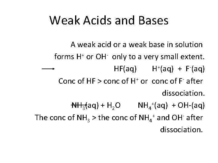 Weak Acids and Bases A weak acid or a weak base in solution forms