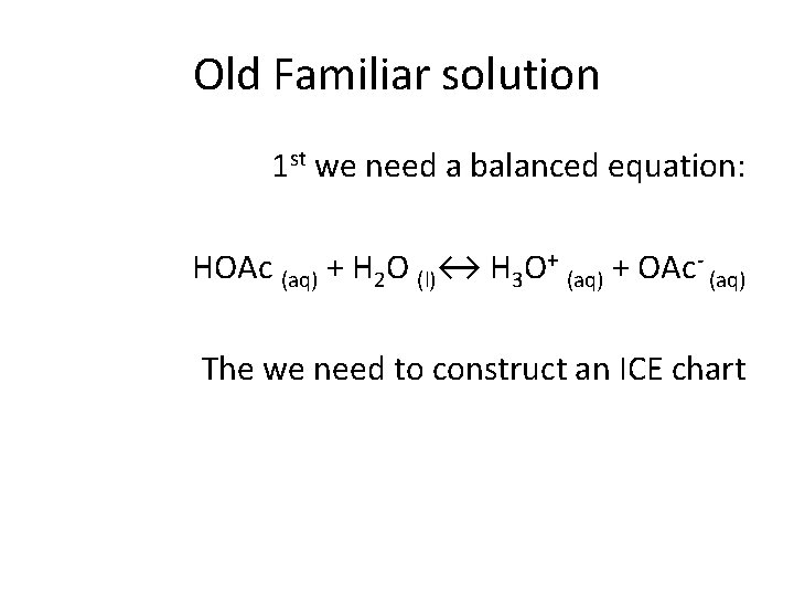 Old Familiar solution 1 st we need a balanced equation: HOAc (aq) + H