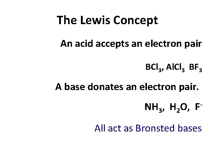 The Lewis Concept An acid accepts an electron pair BCl 3, Al. Cl 3