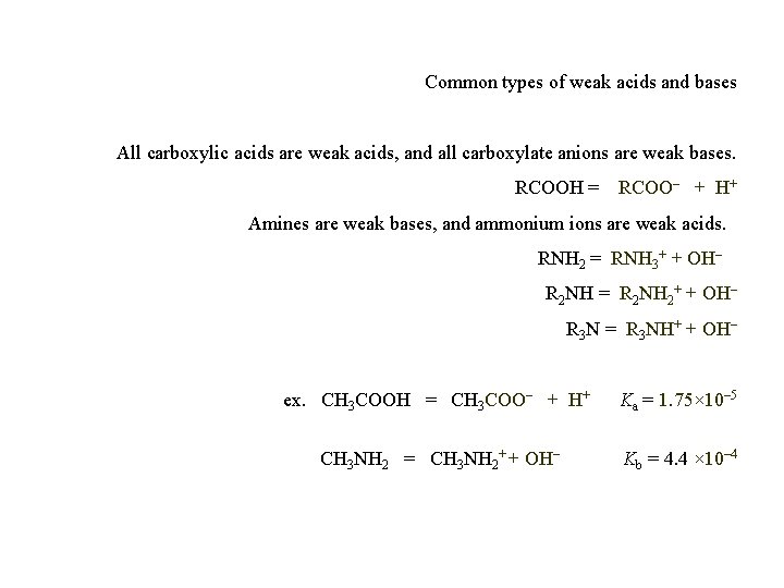 Common types of weak acids and bases All carboxylic acids are weak acids, and