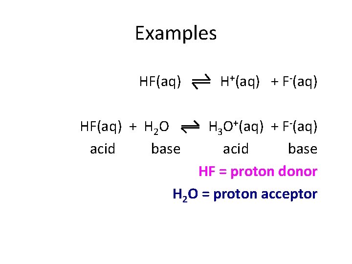 Examples HF(aq) + H 2 O acid base H+(aq) + F (aq) H 3