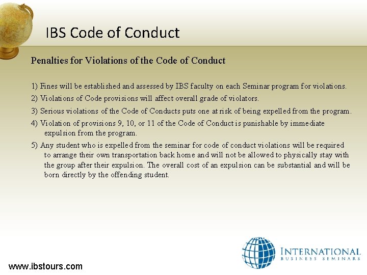 IBS Code of Conduct Penalties for Violations of the Code of Conduct 1) Fines
