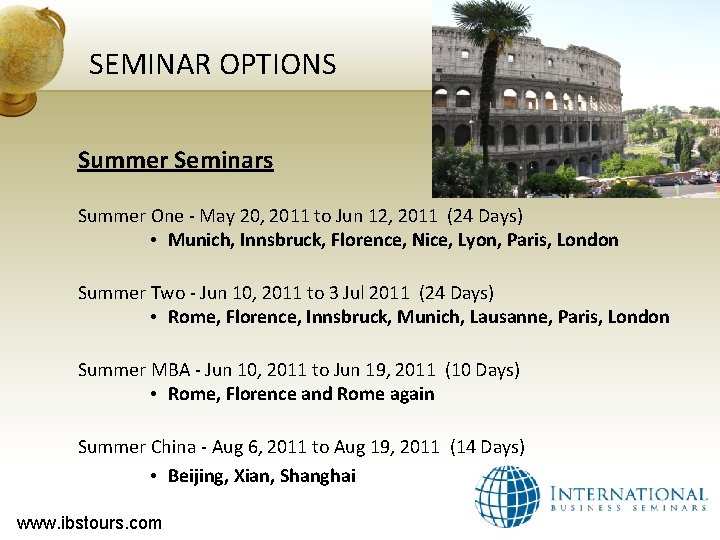SEMINAR OPTIONS Summer Seminars Summer One - May 20, 2011 to Jun 12, 2011