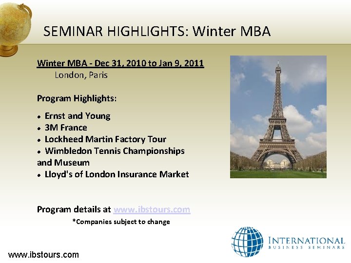 SEMINAR HIGHLIGHTS: Winter MBA - Dec 31, 2010 to Jan 9, 2011 London, Paris