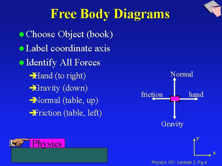 Free Body Diagrams l Choose Object (book) l Label coordinate axis l Identify All