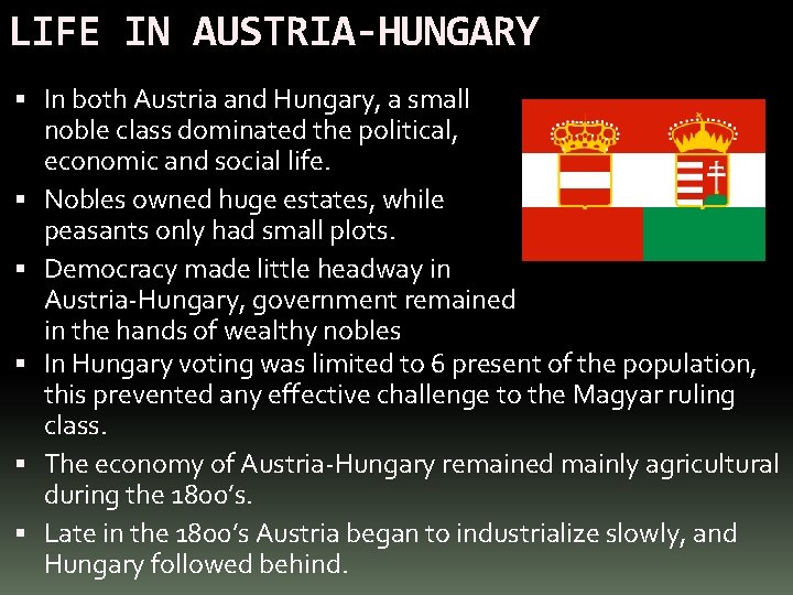 LIFE IN AUSTRIA-HUNGARY In both Austria and Hungary, a small noble class dominated the