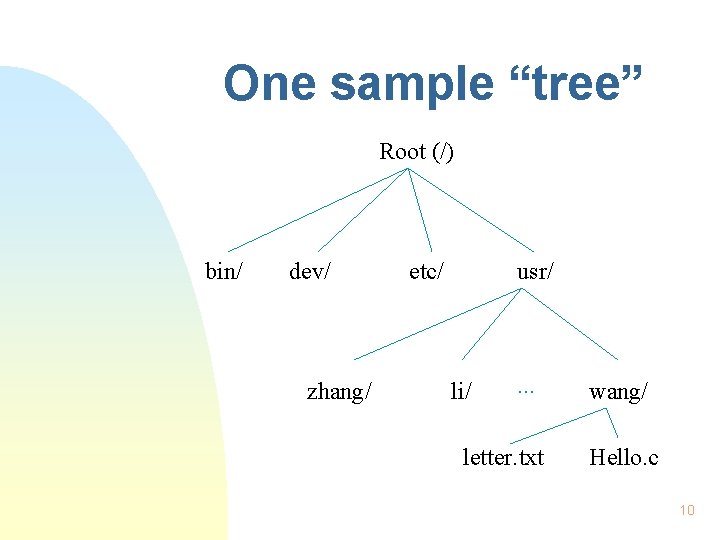 One sample “tree” Root (/) bin/ dev/ zhang/ etc/ usr/ li/ . . .